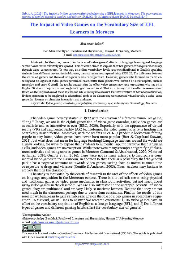 (PDF) The Impact of Video Games on the Vocabulary Size of EFL Learners ...