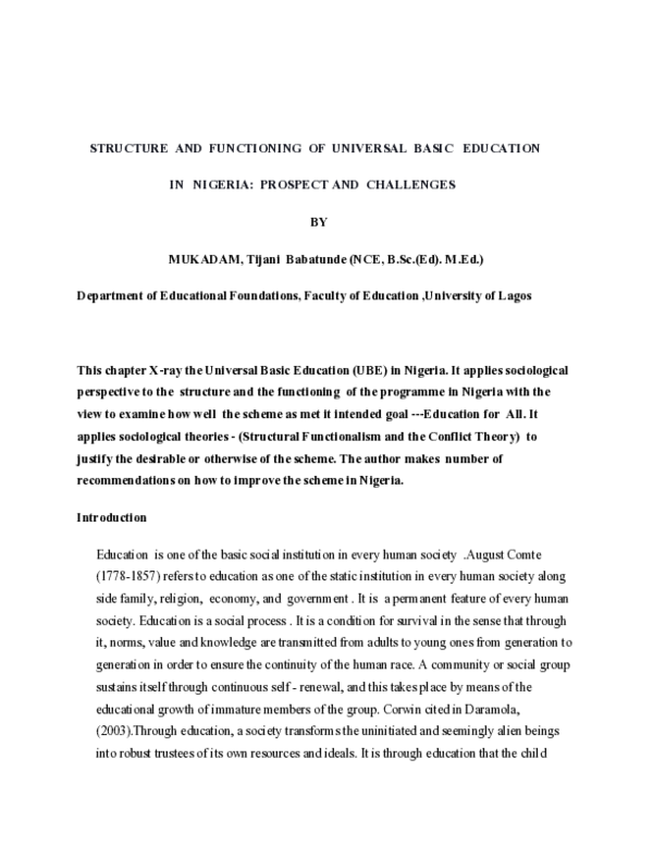 (PDF) STRUCTURE AND FUNCTIONING OF UNIVERSAL BASIC EDUCATION IN NIGERIA ...