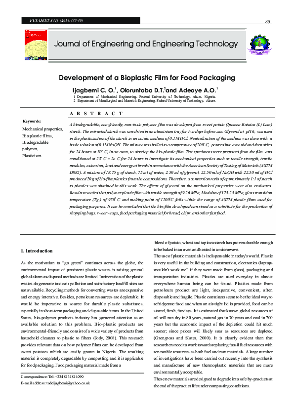 (PDF) Development of a Bioplastic Film for Food Packaging