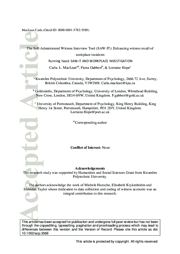 (PDF) The Self‐Administered Witness Interview Tool (SAW‐IT): Enhancing ...