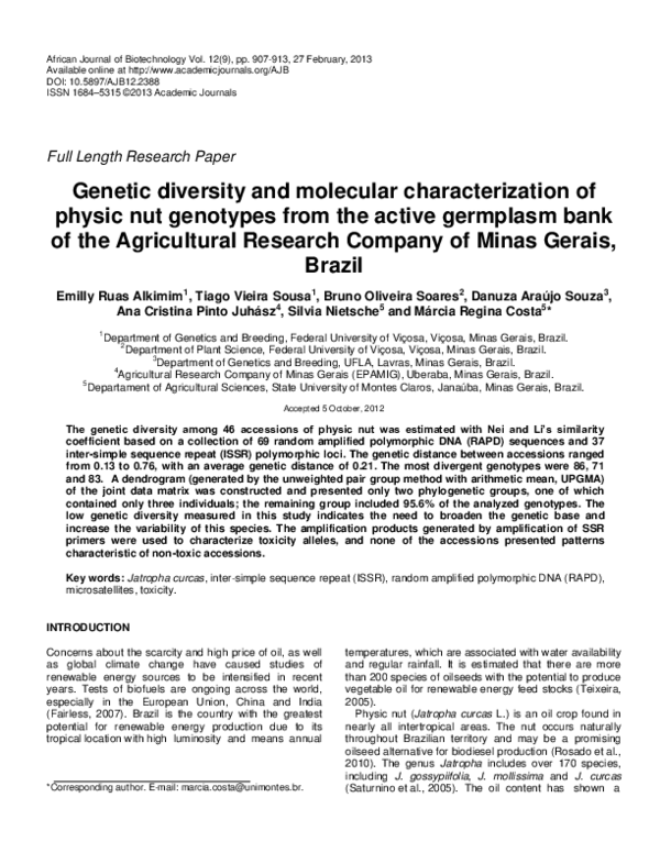 (PDF) Genetic diversity and molecular characterization of physic nut ...