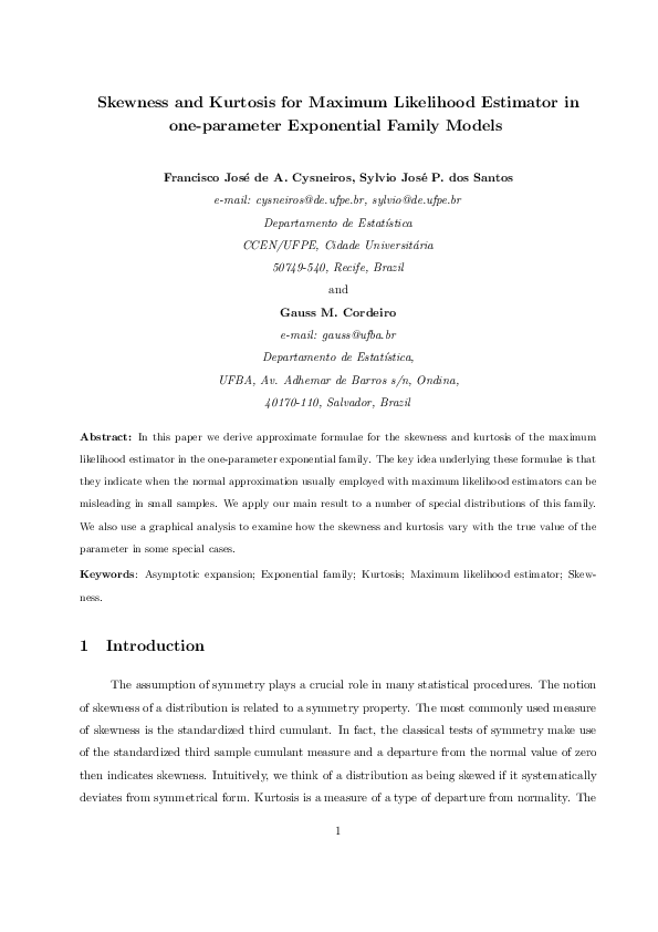(PDF) Skewness and kurtosis for maximum likelihood estimator in one ...