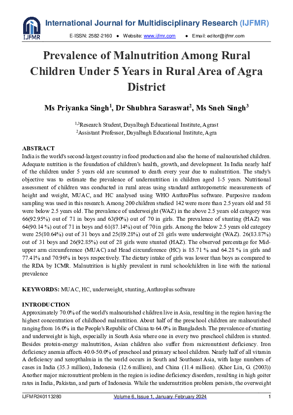 (PDF) Prevalence of Malnutrition Among Rural Children Under 5 Years in ...