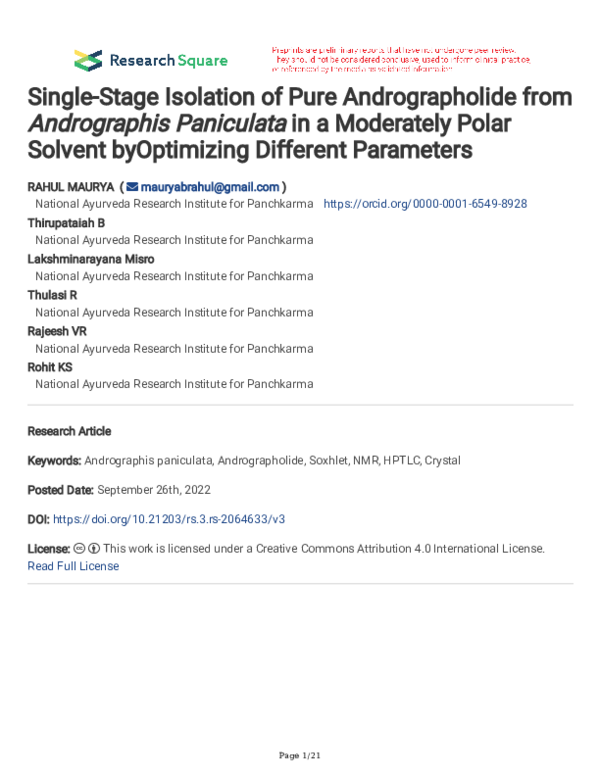 (PDF) Single-Stage Isolation of Pure Andrographolide from Andrographis ...