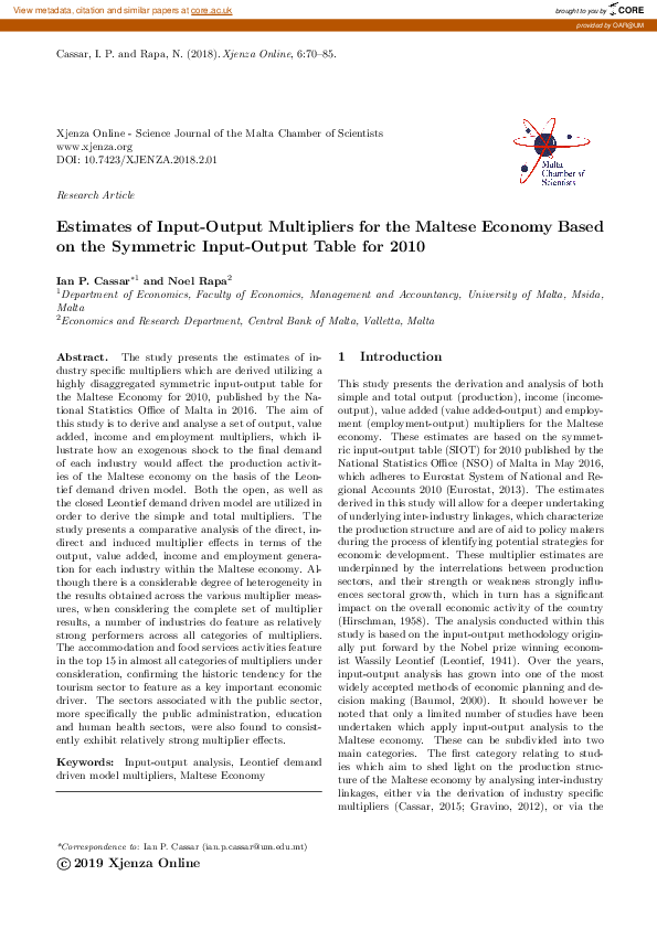 (PDF) Estimates of input-output multipliers for the Maltese economy ...