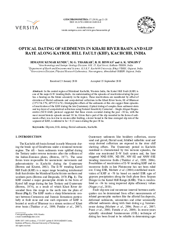 (PDF) Optical Dating of Sediments in Khari River Basin and Slip Rate ...
