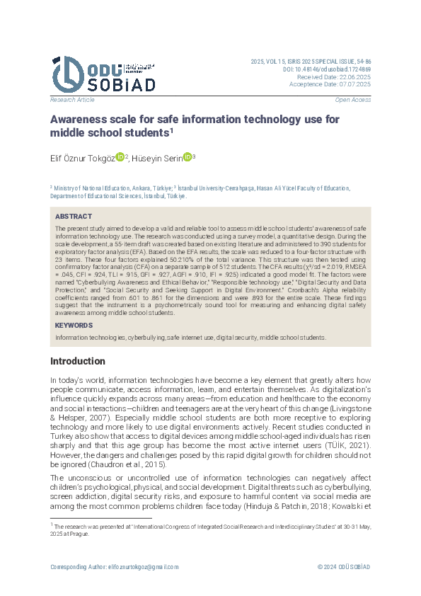 (PDF) Awareness scale for safe information technology use for middle ...