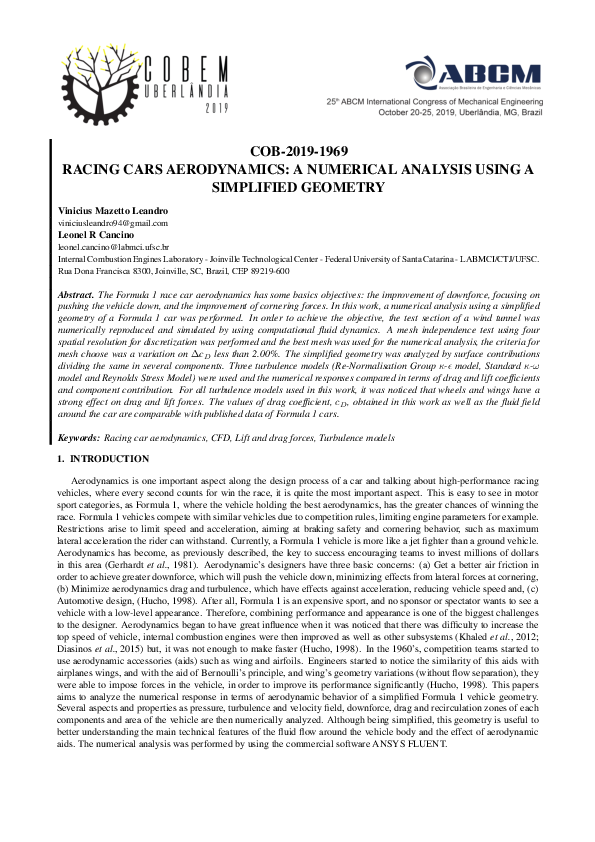 (PDF) Racing Cars Aerodynamics: A Numerical Analysis Using a Simplified ...