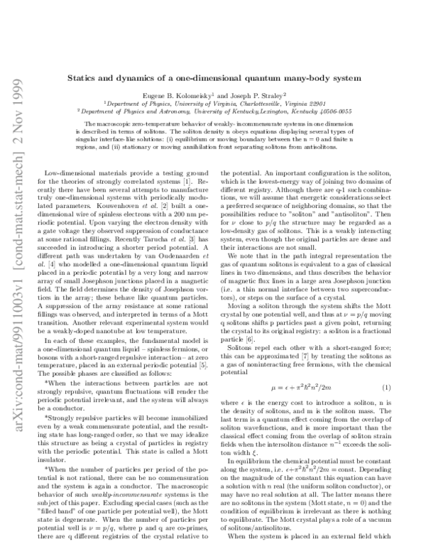(PDF) Statics and dynamics of a one-dimensional quantum many-body system