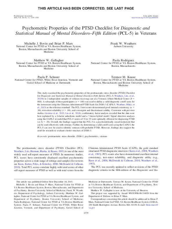 (PDF) Psychometric Properties of the PTSD Checklist for Diagnostic and ...