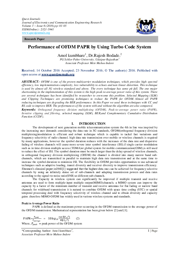 (PDF) Performance of OFDM PAPR by Using Turbo Code System