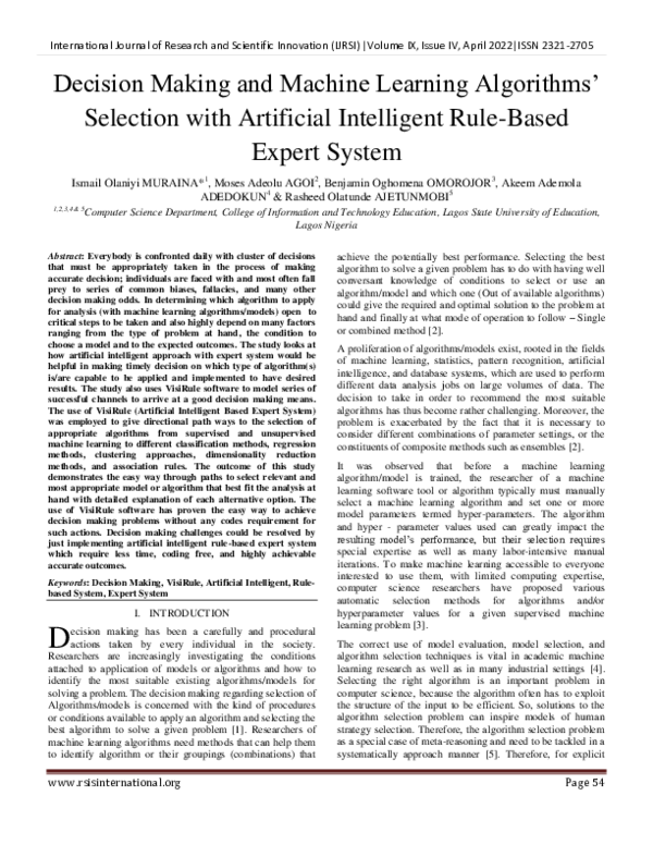 (PDF) Decision Making and Machine Learning Algorithms’ Selection with ...