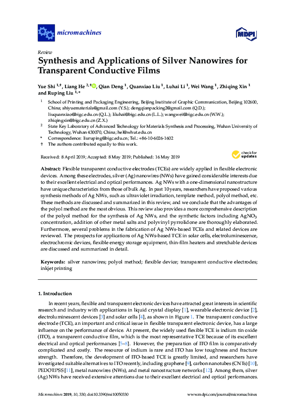 (PDF) Synthesis and Applications of Silver Nanowires for Transparent ...