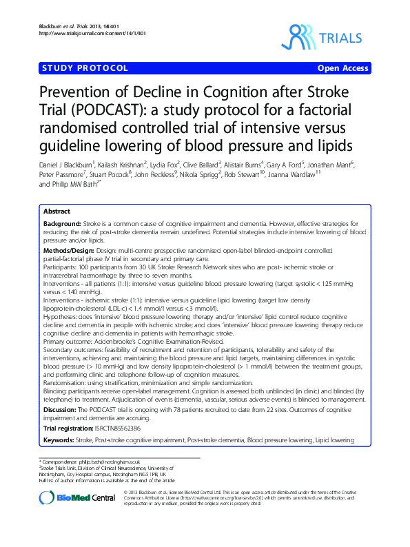 (PDF) Prevention of Decline in Cognition after Stroke Trial (PODCAST ...