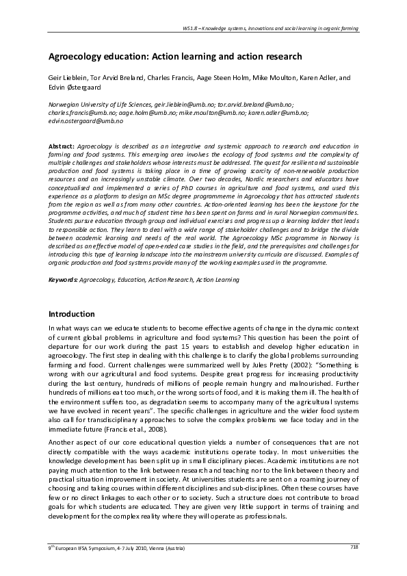 (PDF) Agroecology education: action learning and action research
