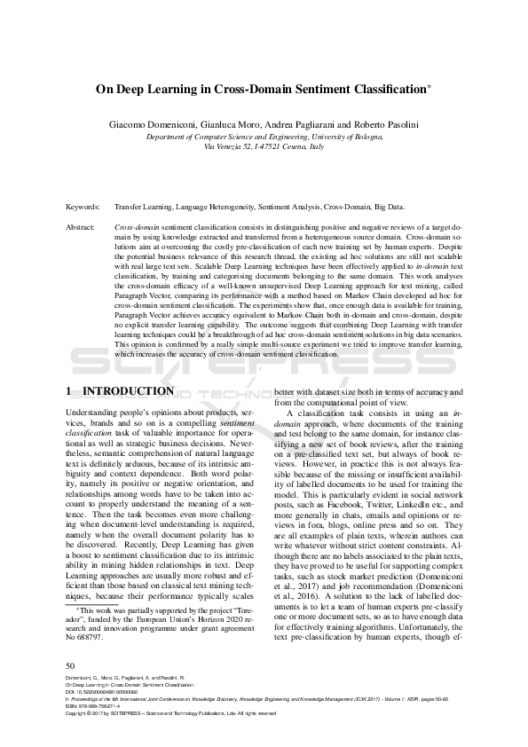 (PDF) On Deep Learning in Cross-Domain Sentiment Classification
