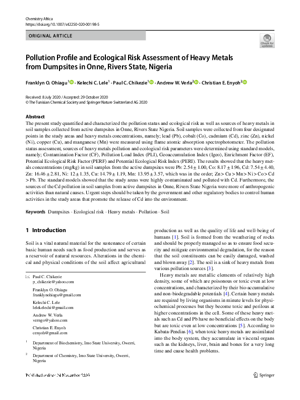 (PDF) Pollution Profile and Ecological Risk Assessment of Heavy Metals ...