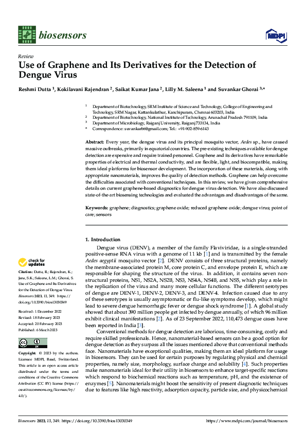 (PDF) Use of Graphene and Its Derivatives for the Detection of Dengue Virus