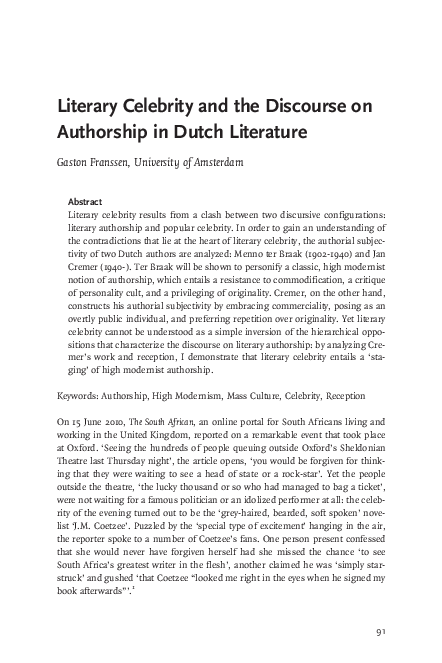 (PDF) Literary Celebrity and the Discourse on Authorship in Dutch