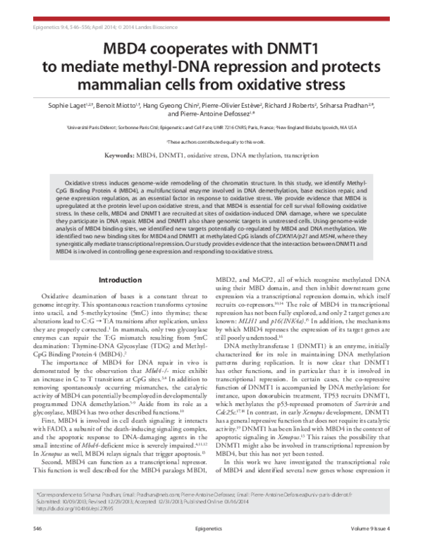 (PDF) MBD4 cooperates with DNMT1 to mediate methyl-DNA repression and ...
