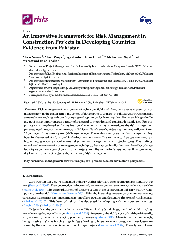(PDF) An Innovative Framework for Risk Management in Construction ...