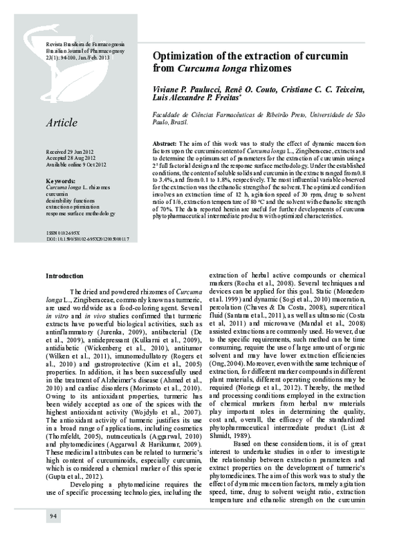(PDF) Optimization of the extraction of curcumin from Curcuma longa ...