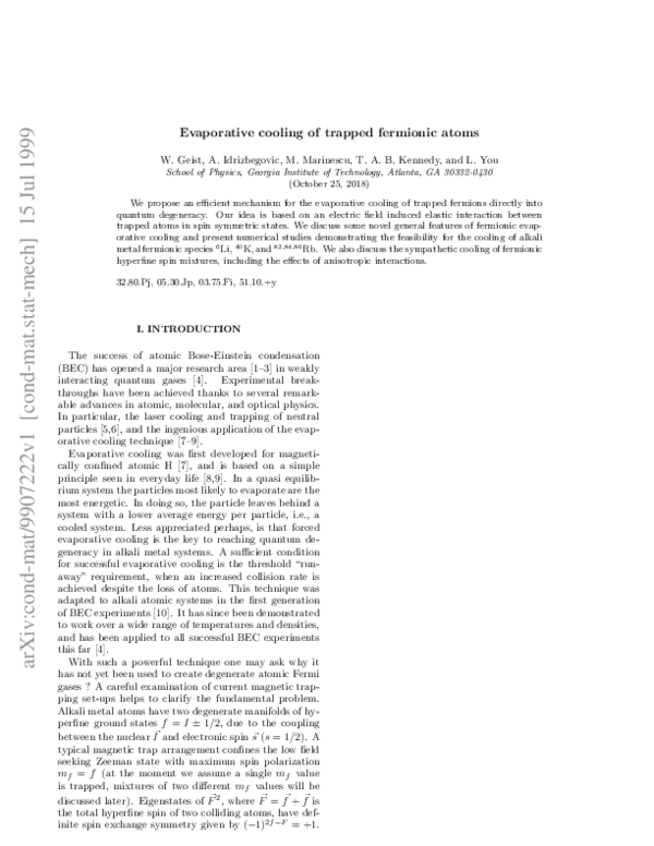 (PDF) Evaporative cooling of trapped fermionic atoms