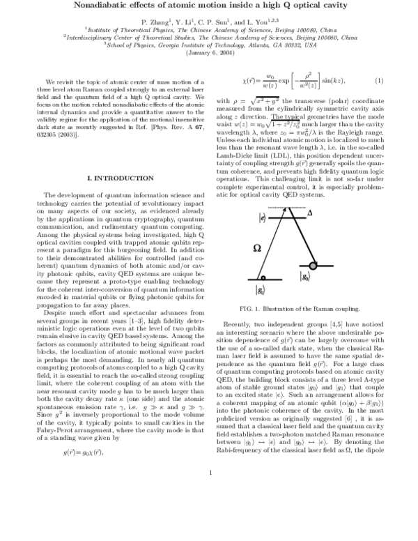 (PDF) Nonadiabatic effects of atomic motion inside a high-Qoptical cavity