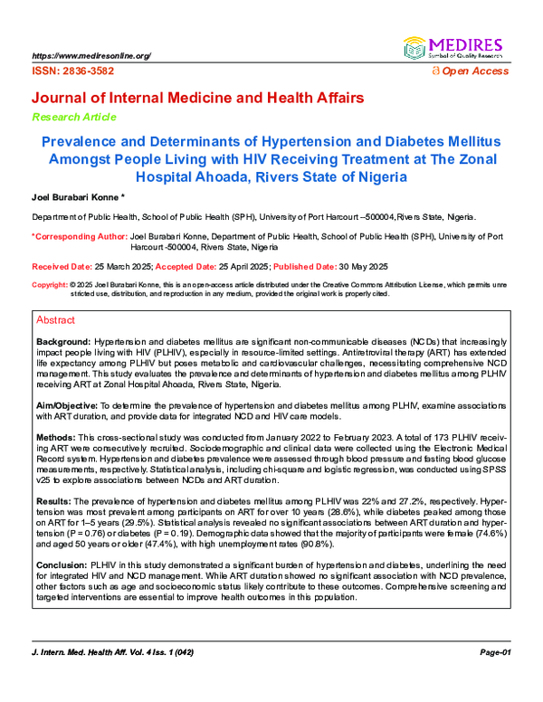PDF) Prevalence of Hypertension and Diabetes among PLHIV Receiving