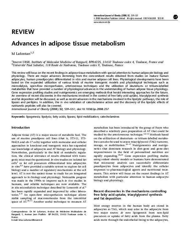 (PDF) Advances in adipose tissue metabolism