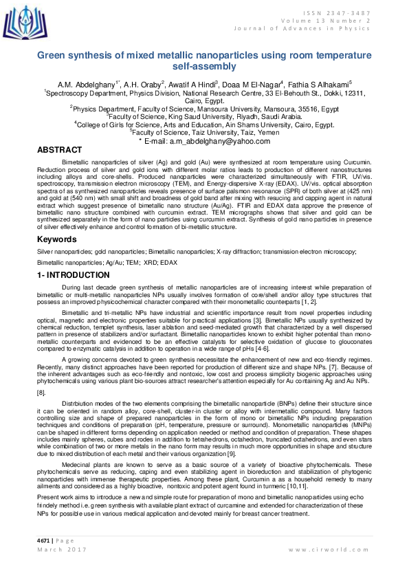 (PDF) Green synthesis of mixed metallic nanoparticles using room ...