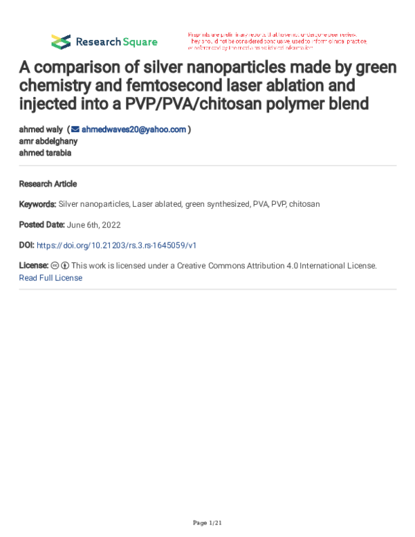 (PDF) A comparison of silver nanoparticles made by green chemistry and ...