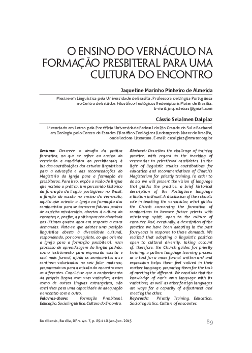 (PDF) O ensino do vernáculo na formação do presbítero para uma cultura ...
