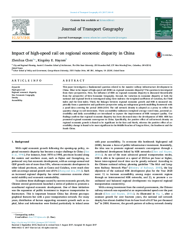 (PDF) Impact of high-speed rail on regional economic disparity in China