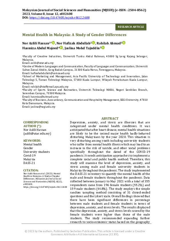 (PDF) Mental Health in Malaysia: A Study of Gender Differences