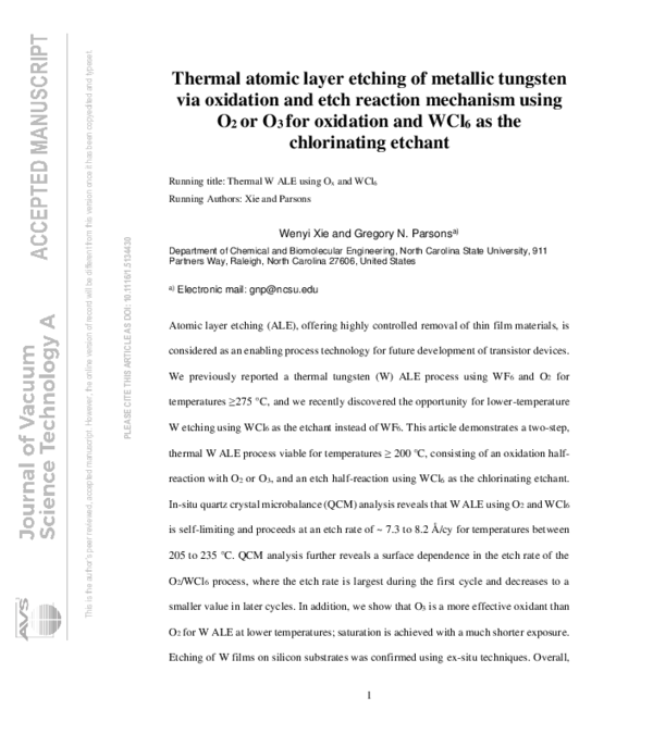(PDF) Thermal atomic layer etching of metallic tungsten via oxidation ...