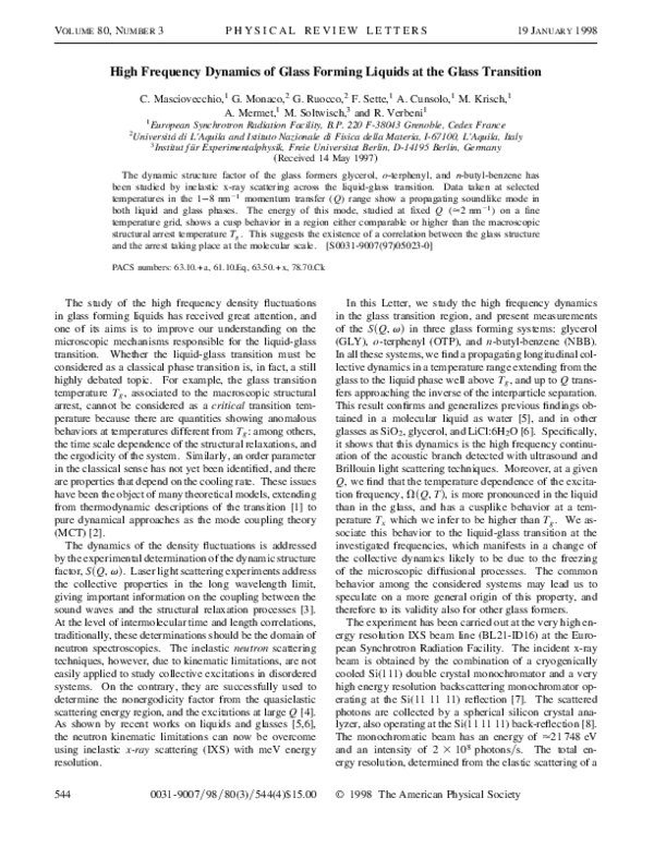 (PDF) High Frequency Dynamics of Glass Forming Liquids at the Glass ...