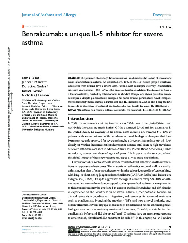 (PDF) Benralizumab: a unique IL-5 inhibitor for severe asthma