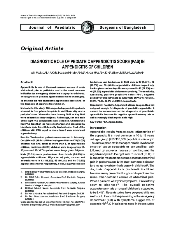 (PDF) Diagnostic Role of Pediatric Appendicitis Score (PAS) in ...
