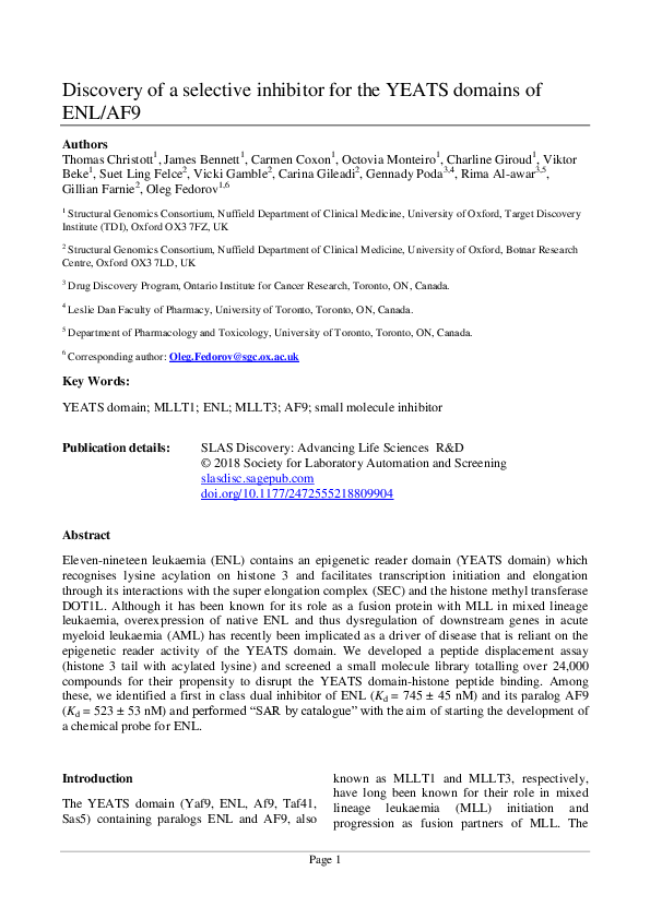 (PDF) Discovery of a Selective Inhibitor for the YEATS Domains of ENL/AF9