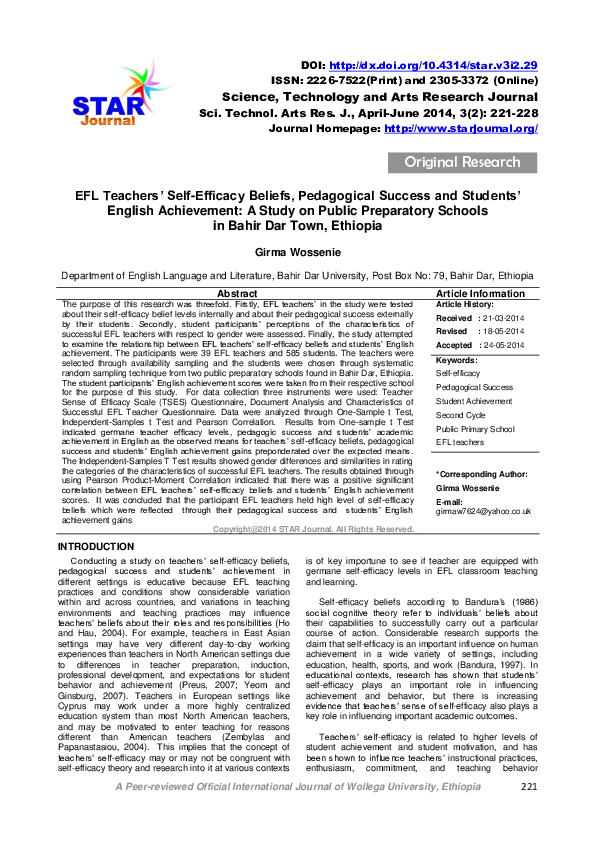 (PDF) EFL Teachers ’ Self-Efficacy Beliefs, Pedagogical Success and ...