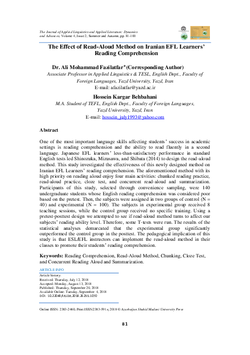 (PDF) The Effect of Read-Aloud Method on Iranian EFL Learners' Reading ...
