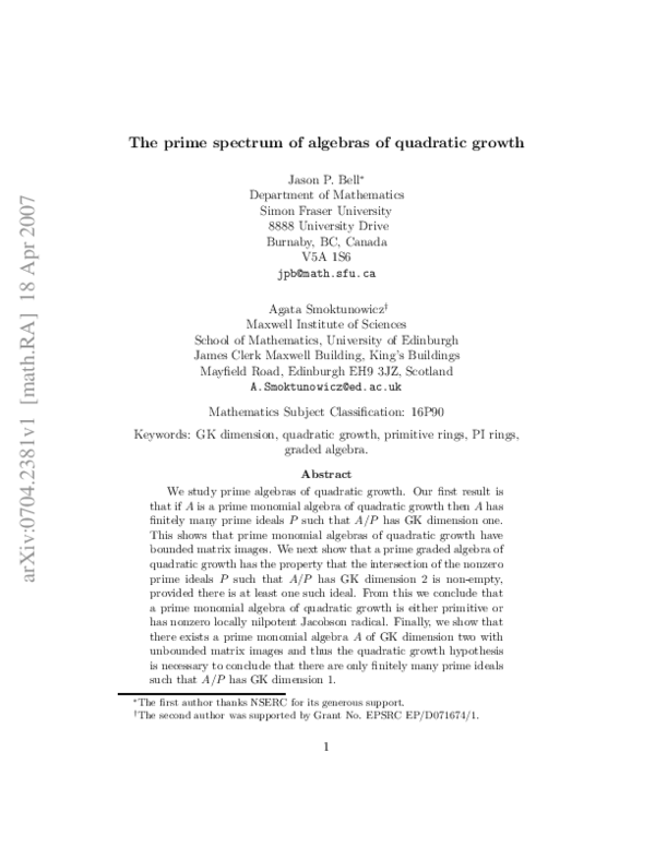 (PDF) The prime spectrum of algebras of quadratic growth