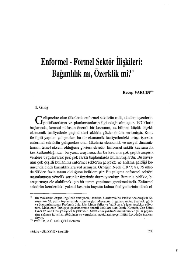 (PDF) Enformel-Formel Sektör İlişkileri: Bağımlılık mı, Özerklik mi?