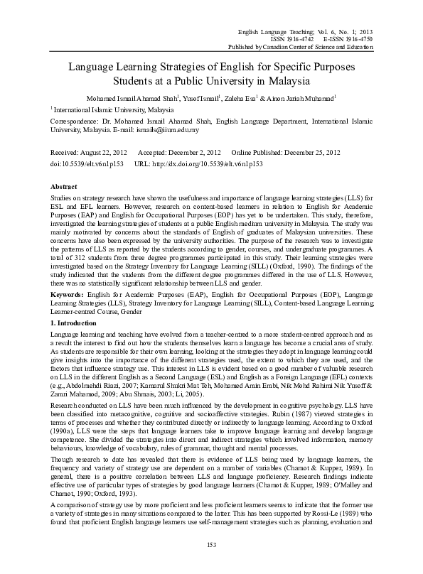 (PDF) Language Learning Strategies of English for Specific Purposes ...