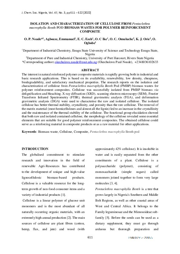 (PDF) ISOLATION AND CHARACTERIZATION OF CELLULOSE FROM Pentaclethra ...