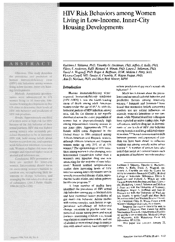 (PDF) HIV risk behaviors among women living in low-income, inner-city ...
