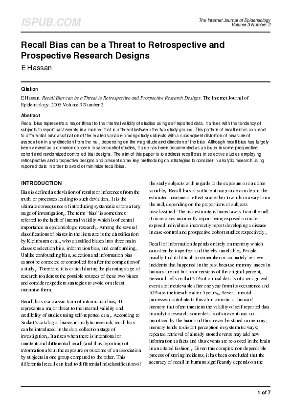 (PDF) Recall Bias can be a Threat to Retrospective and Prospective ...
