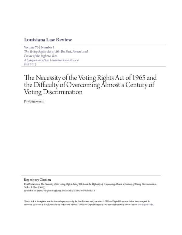 (PDF) The Necessity of the Voting Rights Act of 1965 and the Difficulty ...