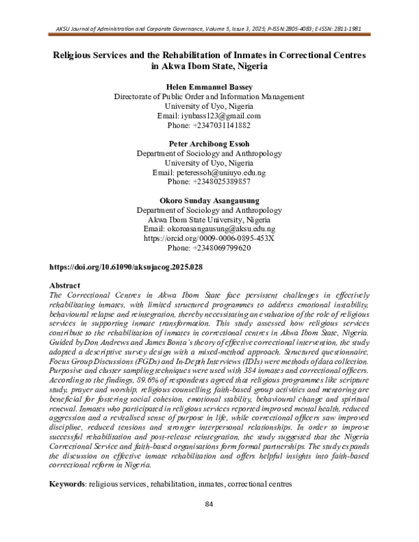 (PDF) Religious Services and the Rehabilitation of Inmates in ...